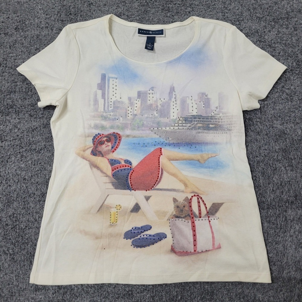 Karen Scott T-Shirt Womens Size S Ivory Vacation Beach Graphic Rhinestone Crew